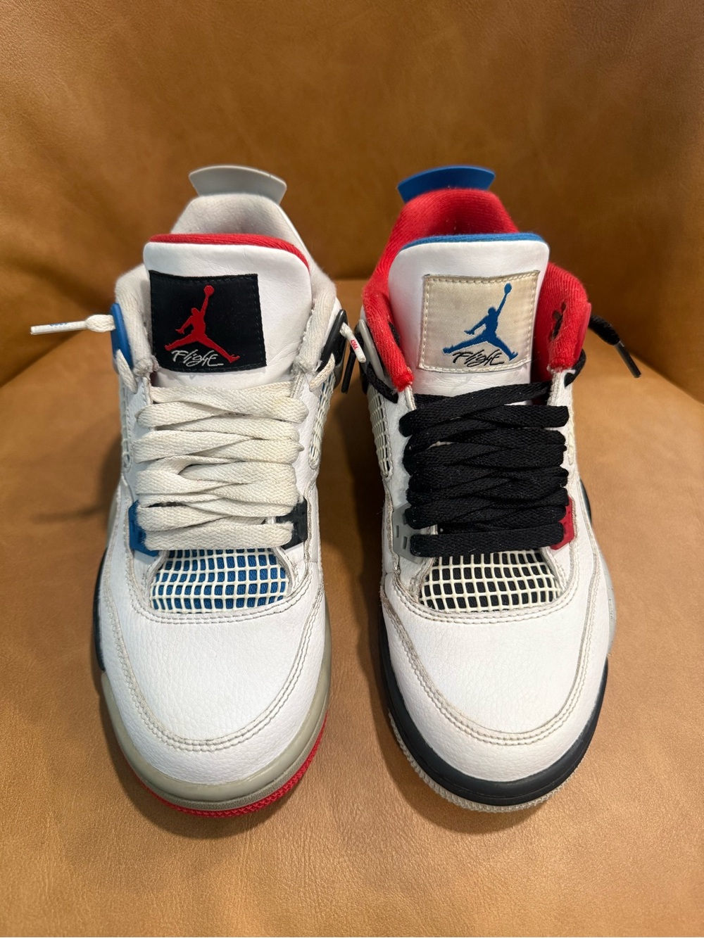 Jordan 4 Retro What The with Red, Blue & Black Accents
